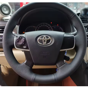 Hand-Stitched Black Genuine Leather Peach Wood Grain Steering Wheel Cover Non-Slip Car Accessories