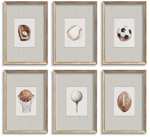 6Pcs Vintage Children's Sports Wall Art Kids Striped Wall Decor Football Baseball Basketball Soccer Golf Baseball Glove Poster Prints Pictures for Boys Room Nursery Home Decoration 8x10in Unframed