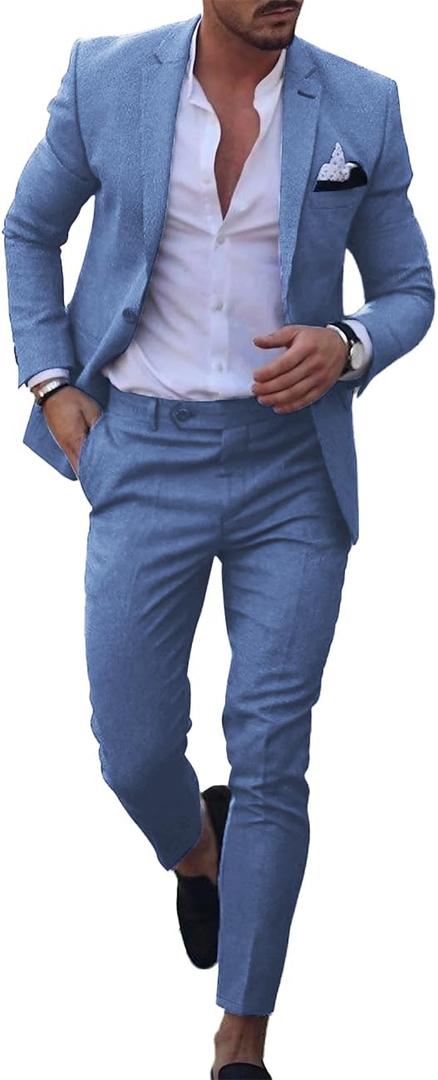 UNINUKOO Mens 2 Piece Suit Linen Summer Top Blazer Pants Sets Beach Wedding Wear Vacation Prom Suits for Men US Size XL Light Blue (Blue, XL)