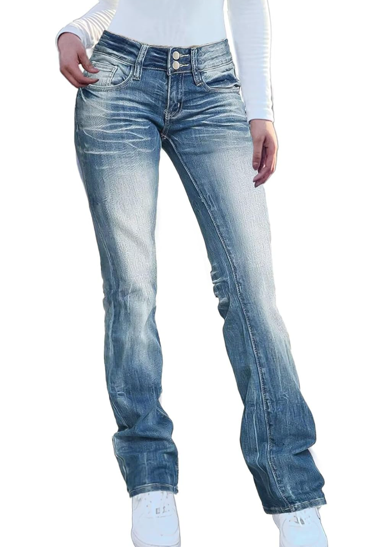 Straight Leg Jeans for Women Stretchy Mid Waist Double Button Wash Solid Skinny Jean, 26