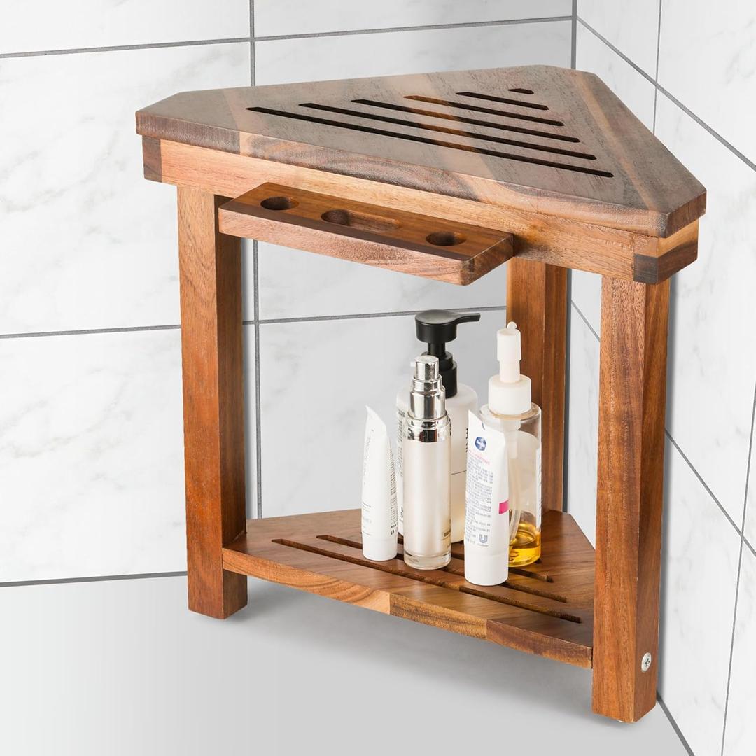 Corner Shower Stool with Razor Storage Shelf, Shower Foot Rest for Shaving Legs, Small Shower Acacia Wood Waterproof Shower Bench for Inside Shower Spaces (Corner Stool 05)