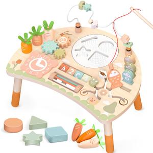 Activity Table for 1+ Year Old, 9-in-1 Montessori Wooden Sensory Play Table with Shape Sorter Fishing Game Bead Maze, Baby Activity Center Learning Toys for Toddler 12-18 Months (Neutral Colors)