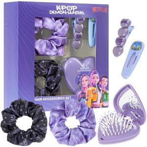 Get Trend KPop Demon Hunters Hair Accessories for Girls, Hair Clips, Satin Scrunchies, Brush with Compact Mirror, Official Licensed Huntrix 5 Piece Travel Essentials Set Gifts for Girls