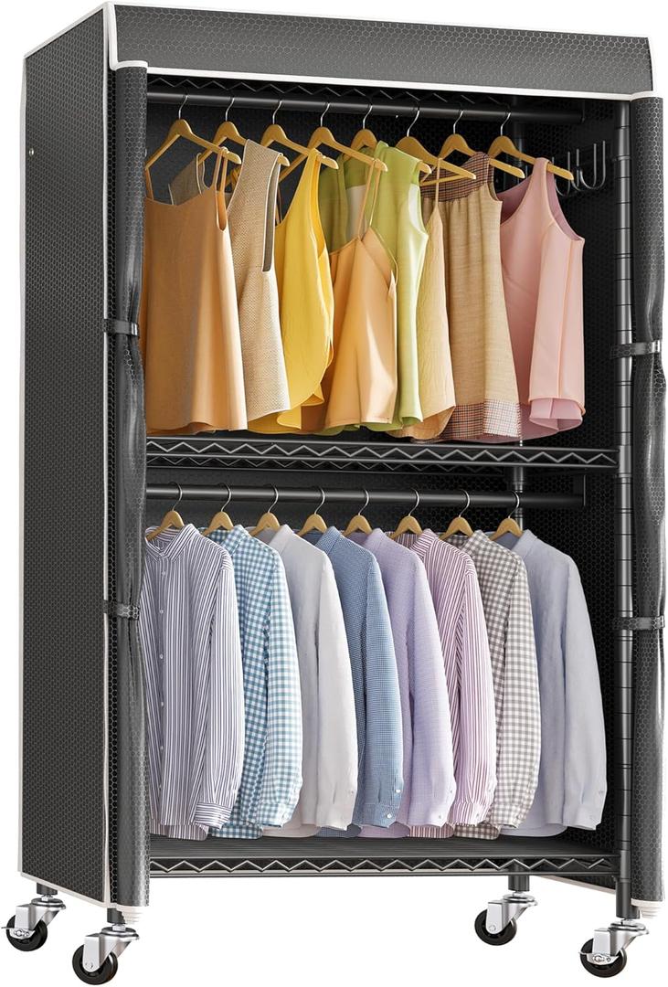 VIPEK R2C Medium Heavy Duty Clothes Rack Rolling Garment Rack with Cover Adjustable Clothing Rack for Hanging Clothes Portable Closets with Double Rods, Black Rack with Black Upgarded Polyester Cover (Black Rack with Black Cover)
