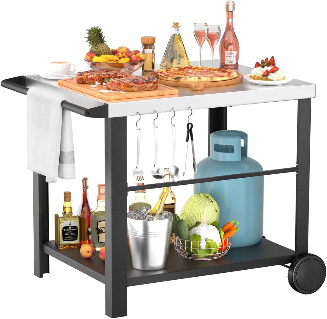 34" x 24" Movable Stainless Steel Flattop Grill Cart for Ninja Woodfire & Blackstone Griddles, Pizza Oven Table for Outside, Extra-Wide Stainless Steel Cart with Wheels for Kitchen Food Prep Table