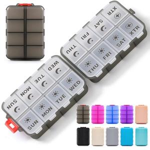 Foldable Weekly Pill Organizer 2 Times a Day with 2 Extra Compartments - Etched Label - Portable 7 Day AM PM Medicine Box, Week Daily Travel Pill Case Holder for Meds, Vitamin, Supplement, Clear Black