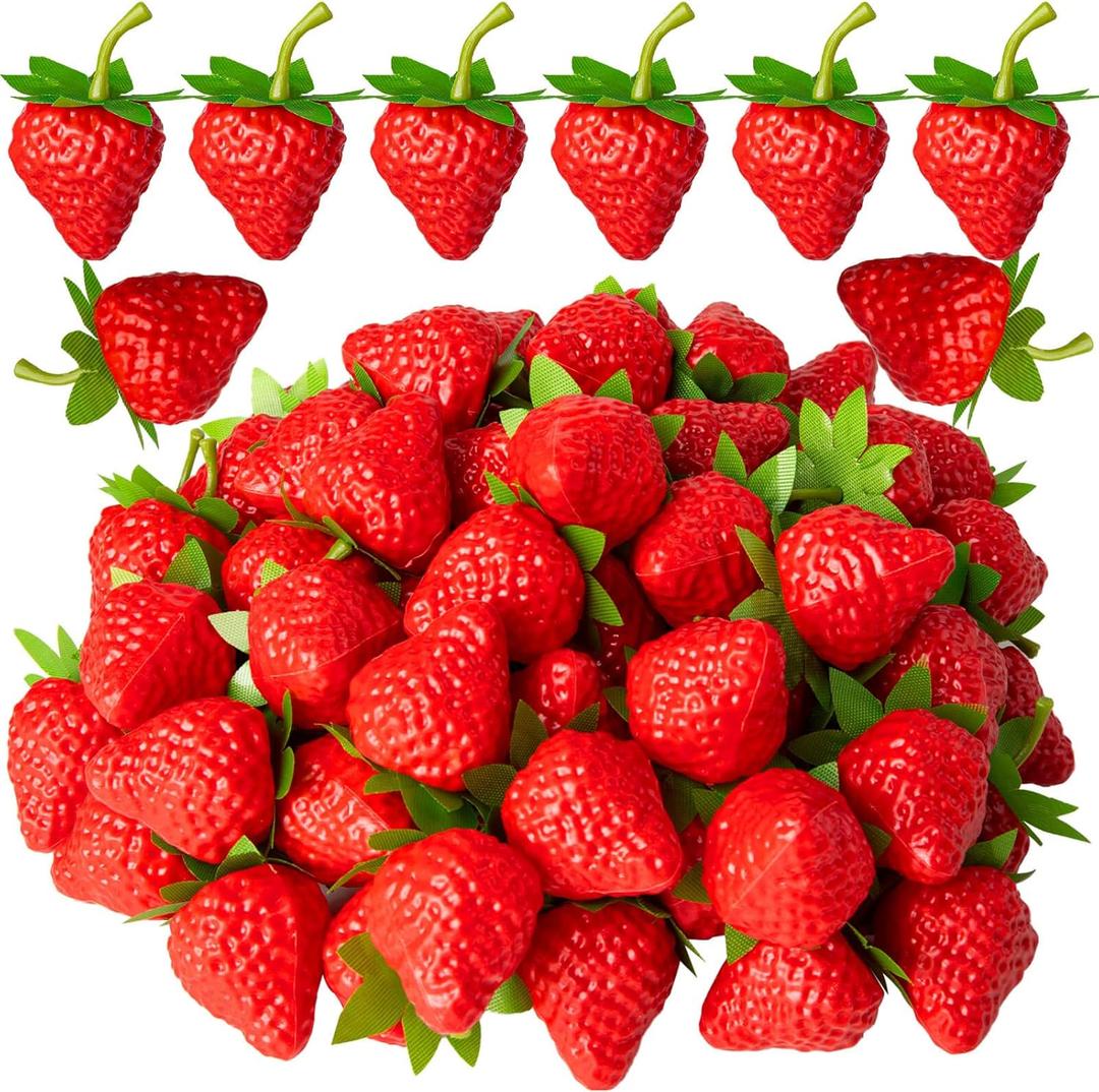 CLESDF 40Pcs Fake Plastic Strawberries, Artificial Lifelike Fruit Red Strawberries with Green Stem and Leaf for Home Kitchen Party Decor Photography Prop