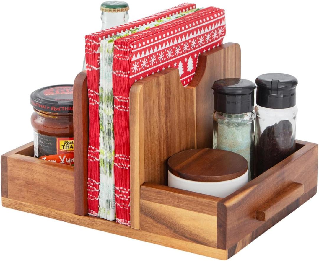 Napkin Holder, Acacia Wood Napkins Holder for Kitchen with Storage Function to Organize Salt and Pepper Shakers, Standing Napkin Dispenser for Decor Dining Room Party Cocktail Restaurant Outdoor Use