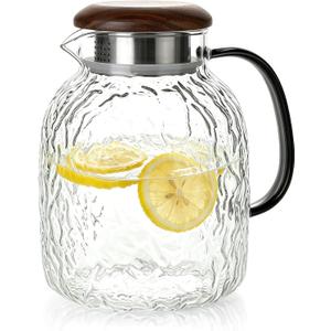 2L Square Glass Pitcher with Lid and Spout, Borosilicate Glass Carafe for Hot/Cold Drink, Water Pitchers with Handle for Fridge, Extra Large Jug for Iced Tea, Coffee, Juice, Beverage, 68 Ounces