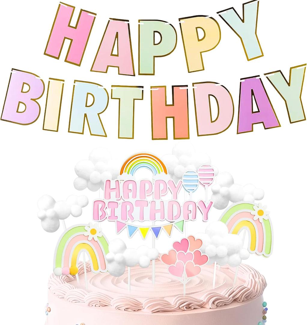 10 Pcs Rainbow Happy Birthday Cake Topper - Clouds Heart Balloon Cake Decorations with Colorful Happy Birthday Banners for Birthday Party Baby Shower Cake Decor Supplies