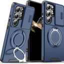 for Samsung Galaxy S25 Ultra Case with Slide Camera Cover and Rotating Kickstand Ring, Slim Magnetic Shockproof Accessories Phone Case for Samsung S25 Ultra (Blue)