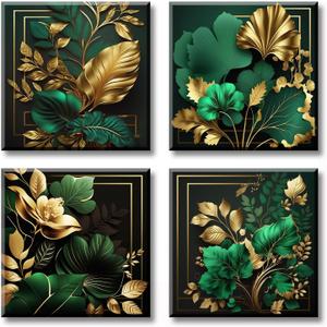 Green and Gold Wall Decor Tropical Plant Gold Leaves Pictures Canvas Prints Emerald Green Mid Century Modern Botanical floral Aesthetic Artwork for Living Room Bedroom Home Decorations 12"12"4