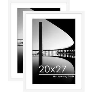 PEALSN 20x27 Picture Frame Set of 2, Display Pictures 16 x 24 with Mat or 20 x 27 Without Mat for Wall Mounting Display, Poster Frames, White