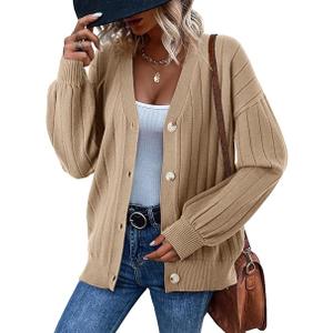 Dokotoo Womens Cardigan Sweaters 2025 Fall Casual Button Down Cuffed Long Sleeve Ribbed Knit Sweater Tops, 2XL