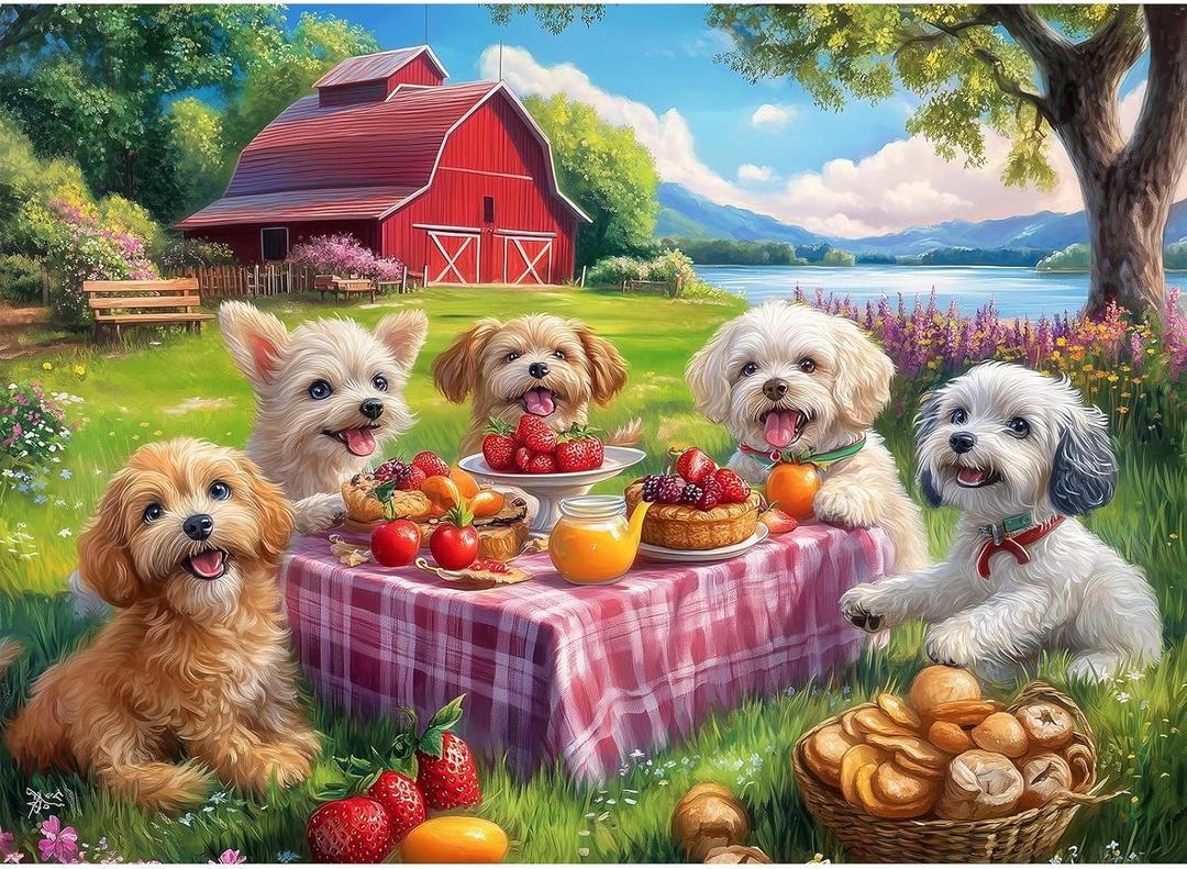 500 Piece Puzzle for Adults, Spring Farm Picnic Puppy Jigsaw Puzzles 500 Pieces, Fun Dog Puzzles for Adults 500 Pieces, Challenging Family Game Gift for Friends and Family, 20.5 x 15 in