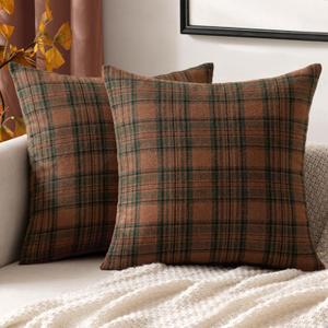 MIULEE Fall Set of 2 Scottish Tartan Plaid Throw Pillow Covers Farmhouse Classic Decorative Outdoor Square Cushion Cases for Halloween Thanksgiving Decor Sofa Couch 18x18 Inch, Orange and Green