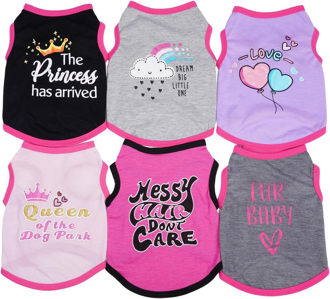 hoyuwak 6 Pieces Girl Dog Shirts Pet T Shirts Funny Dog Summer Printed Clothes Pet Shirts Breathable Puppy Sleeveless Outfit (Medium)