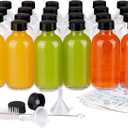 PINIWON 24 Pack 4 oz Clear Glass Bottles, 120ml Boston Round Sample Bottles with Black Poly Cone Caps, Labels, Funnels and Brush