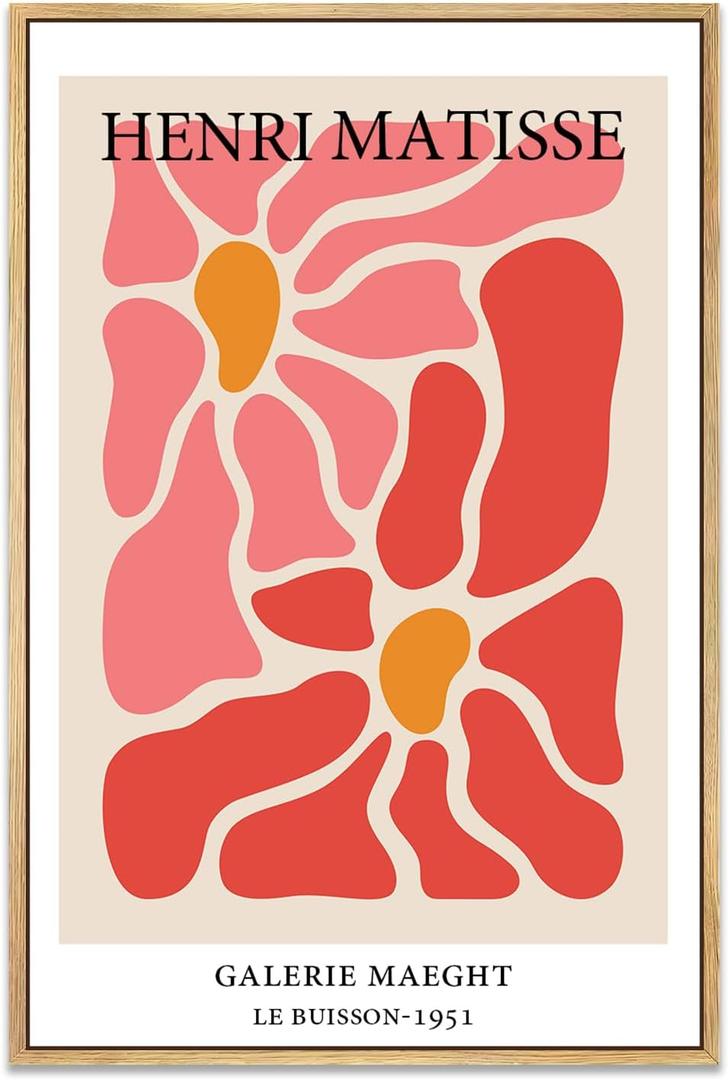 Qizee Matisse Framed Prints Funky Abstract Minimalist Flower Wall Art Prints for Bathroom Wall Decor Living Room Decorations 12"x16" Natural Framed