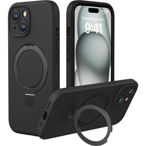 Strong Magnetic Case for iPhone 15 [for MagSafe Charging] [Camera Protection] Heavy-Duty Protection, Soft Grip Silicone Cover with Kickstand, Black