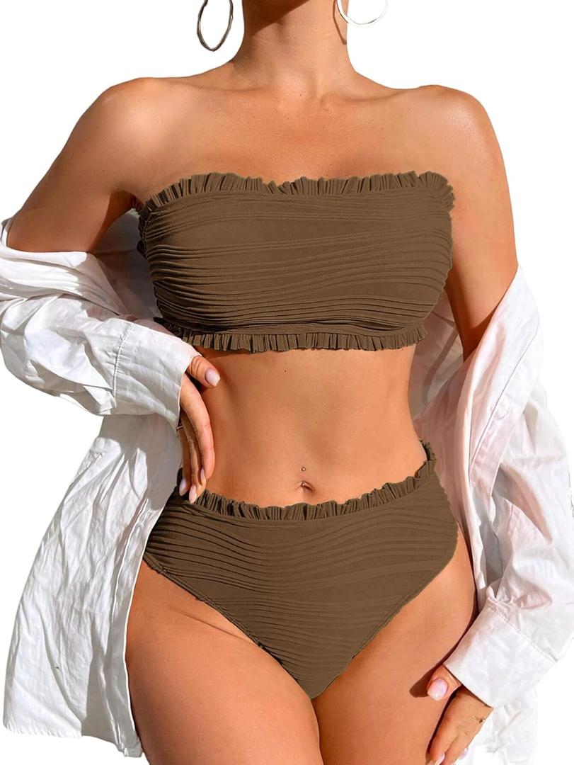 ZAFUL Women Strapless Bandeau Bikini Ruffle 2 Piece Swimwear Cheeky Solid Wave Lace up Bathing Suits (X-Large, 0-brown)