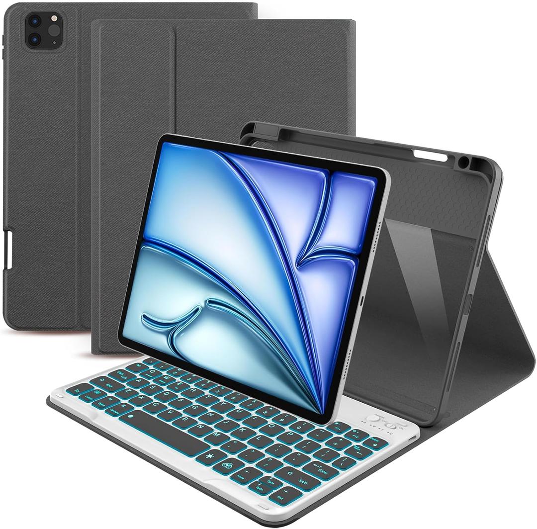 Keyboard Case for iPad Air 11 inch (M3/M2, 2025/2024)/ iPad Pro 11 inch (1st, 2nd, 3rd, 4th Gen)/ iPad Air 5th 4th Generation, 7 Colors Backlit Detachable Wireless Keyboard Cover with Pencil Holder (Grey)