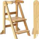 Toddler Tower, Foldable Step Stool for Toddlers, Toddler Kitchen Stool Helper with 3 Adjustable Height Safty Rail and Anti-Tip Structure, Learning Tower for Toddlers Baby Kids (Natural Wood)