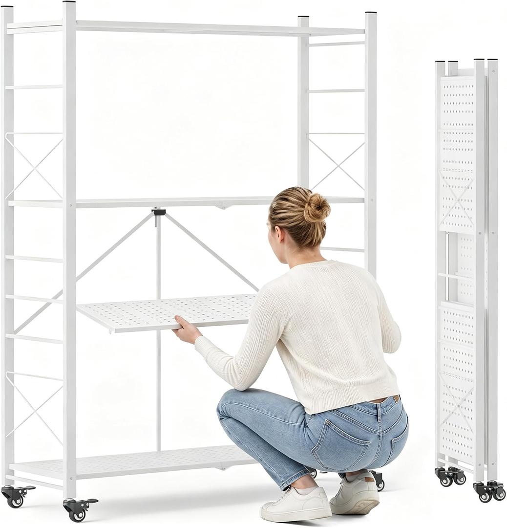 DEANIC 4 Tier Foldable Storage Shelves with Wheels, Large Capacity Shelving Unit, Freestanding Metal Wire Shelf Rack, No Assembly Organizer Rack for Garage Kitchen, Basement, Pantry (1, White-Plus), 28 x 13.4 x 50 inches
