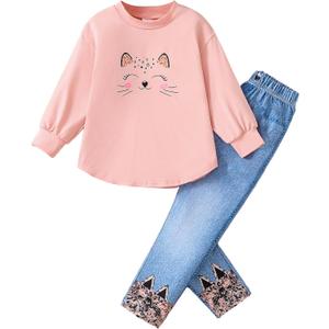 Toddler Girl Clothes Sets, 2Pcs Cute Fall Outfit for Little Girls, Long Sleeve Top & Pants for Size 4-8T (6 Years, Pink1)
