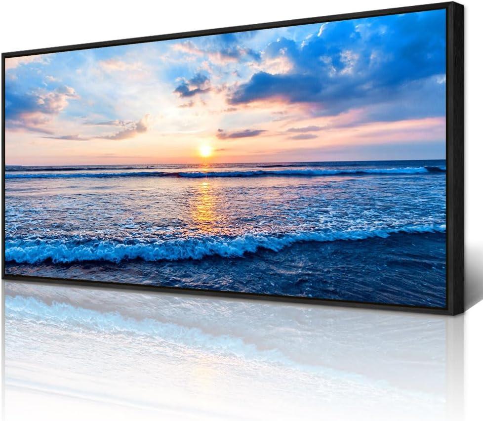 Wapluam Bedroom Home Decorations Pictures Canvas Prints Wall Art For Living Room Office Large Wall Decor Blue Beach Sea Waves Landscape Wall Painting Ready To Hang Wall Mural Black Framed Artwork (48L" x 24W", Blue Beach Ocean Black Framed)