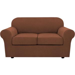 H.VERSAILTEX 3 Piece Stretch Sofa Covers for 2 Cushion Loveseat Couch Covers for Living Room Furniture Cover (Base Cover Plus 2 Seat Cushion Covers) Thicker Jacquard Fabric(Medium Sofa, Caramel)