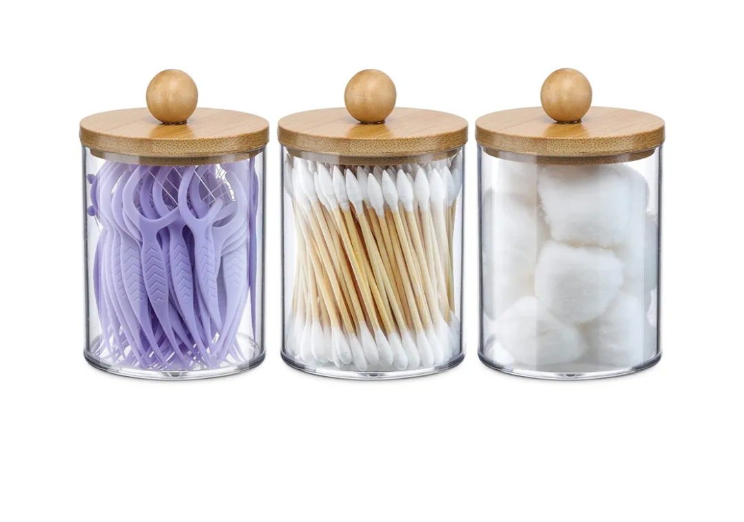 Apothecary Jar Canisters Bathroom Vanity Organizer - Qtip Holder Storage Organizer Countertop -Stainless Steel Lids &Cute Stickers for Qtips,Cotton Swabs,Makeup Sponges,Floss(3 Pack) (Gold)