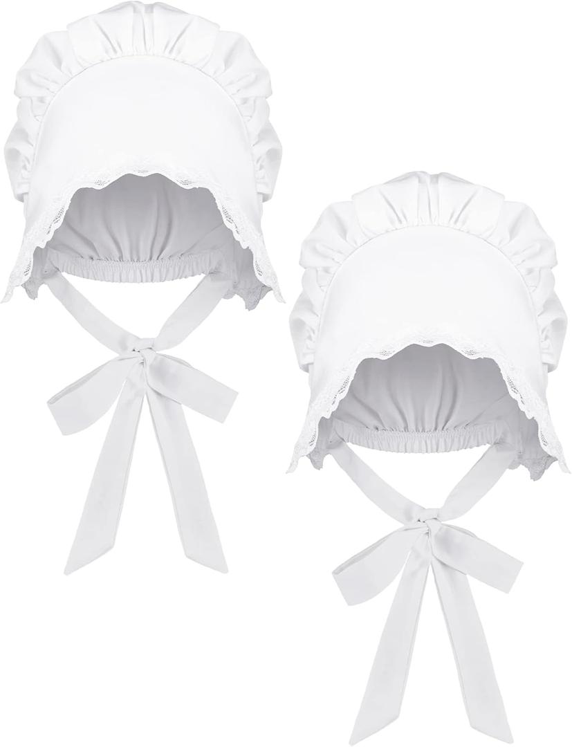 JenPen White Bonnet Women Colonial Hat Mob Bonnets Straw Handmaids Cosplay Halloween Costume Lace with Adjustable Straps (Large)