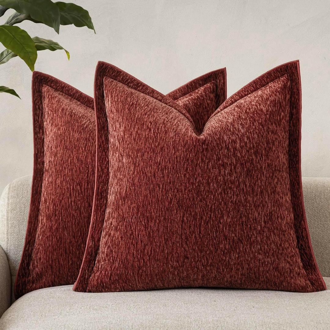 Decorative Chenille Luxury Throw Pillow Covers with Wide Edge, Textured Solid Pillowcases, Soft Velvet Cushion Cover Home Dcor for Couch Sofa Chair Bed,1818 Inch, Set of 2, Burgundy Red