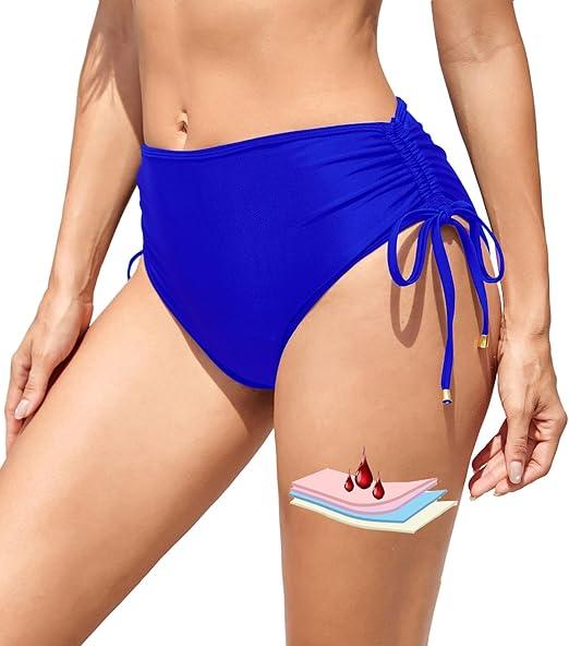 Leoparts Period Swimwear for Women Teens Black Leakproof Swim Bottoms High Waist Side Drawstring Menstrual Swimsuit Bottoms (Medium, Royal Blue)