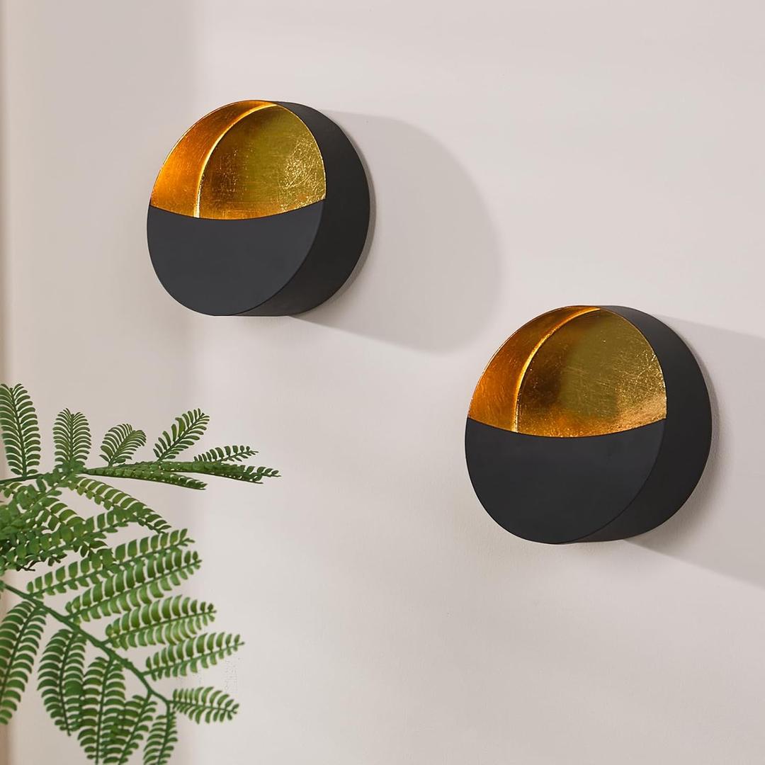 Black Wall Candle Holder Set of 2 with Gold Leaf Interior, Metal Wall Candle Sconces, Vintage Style Wall Decor for Living Room, Bedroom, and Dining Room