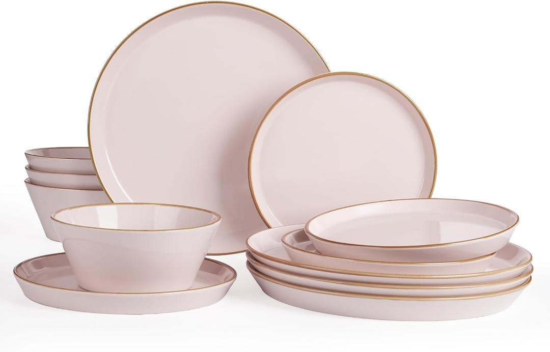 Famiware Saturn Dinnerware Sets, Plates and Bowls Sets for 4, 12 Pieces Stoneware Dish Set - Chip and Scratch Resistant, Microwave and Dishwasher Safe Tableware Set, Light Pink with Rim