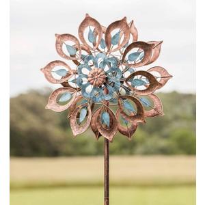 Mesmerizing Copper Lily Wind Spinner Dual-Tone | Petal-in-Petal Design | Independent Rotors | Brushed Copper & Antique Blue |All Seasons | 24" Wx75 H
