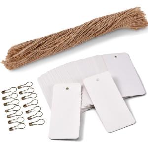200PCS Price Tags with Pre Cut Jute String and Safety Pins,LOOMY Printable Blank White Paper Tags for Retail and Display