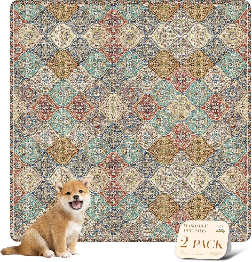 nunubaby Washable Pee Pads for Dogs, Stylish, Non-Slip and Leak-Proof Pee Pads. Reusable Potty Pads for Dogs for Crates and Floors.(Cream/Multi, 48" x48" ) (48x48 Inch (Pack of 2))
