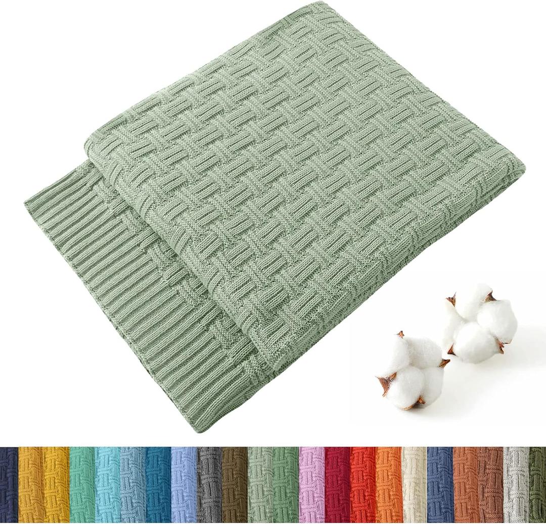 TREELY 100% Cotton Knitted Throw Blanket Couch Cover Blanket(31 x 40 Inches, Light Sage Green)