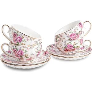 Tea Cup and Saucers, 6.4oz Floral Tea Cups with Gold Trim, Porcelain Teacup, Coffee Cappuccino Espresso Latte Mugs for Party Birthday,Party Cafe Home, Christmas Gift (White) Set of 6 Pack