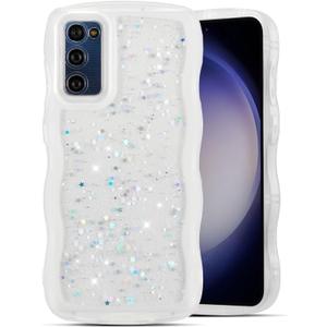 QLTYPRI for Samsung Galaxy S20 FE Case, Cute Curly Wave Frame Case with Shiny Star Glitter, Clear Bling Soft Silicone TPU Bumper Phone Case Shockproof Protective Cover for Girls Women - White