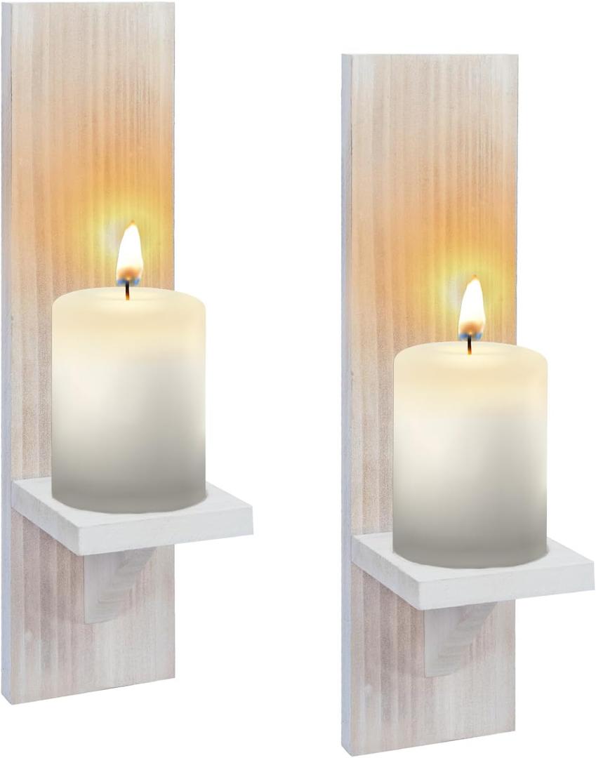 Wall Candle Sconces Set of Two, Wash White Wood Wall Candle Holder Decor, Farmhouse Wooden Candle Holder Decor for Fireplace, Hallway, Living Room, Bedroom