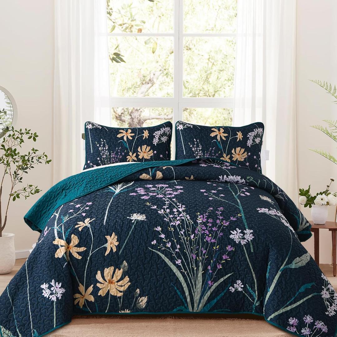 Dobuyly Floral Quilt Set King Size Dark Green Botanical Bedspread Coverlet Set 3 Pieces Soft Lightweight Microfiber Flower Quilt Bedding Set for All Season, 104"x90"