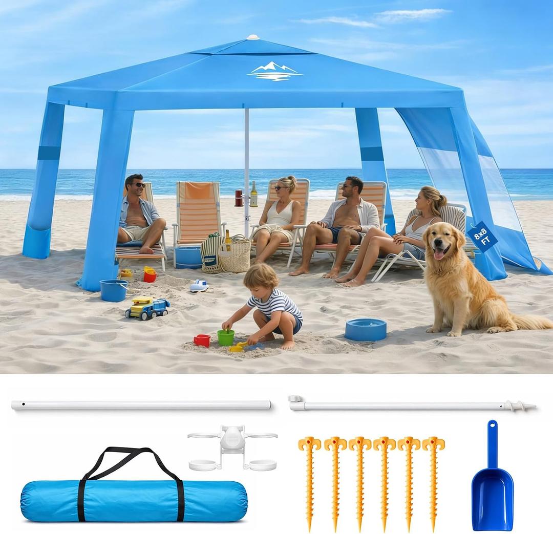 Purebox Beach Tent Shade Canopy - 8 * 8FT UPF50+ Beach Umbrella Sun Shelter 3Min Setup for 8 Person Cabana Tent with Sand Pockets Removable Side Walls Instant Sun Shade for Family, Camping, Fishing