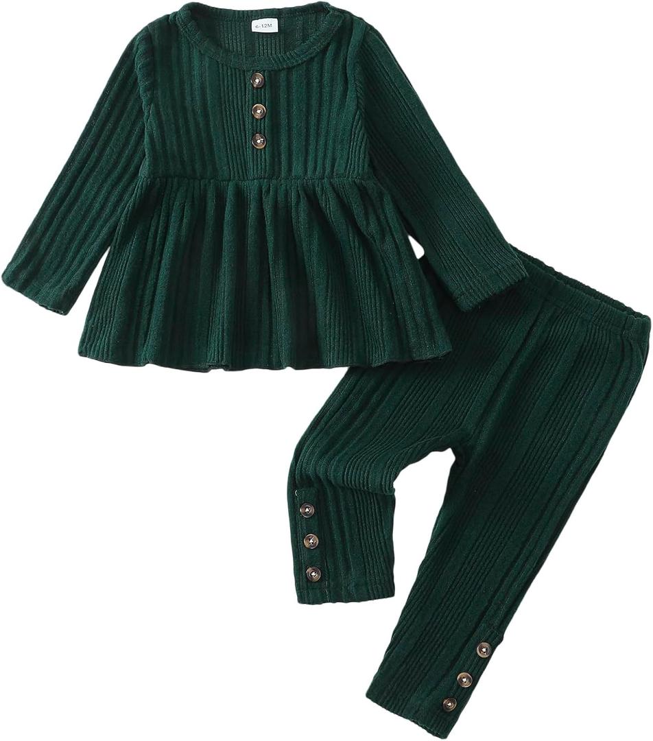 Kucnuzki Toddler Baby Girl Clothes Outfit Long Sleeve Plain T Shirt Top Baby Girl Pants Leggings Two Piece Outfits Set (Green)