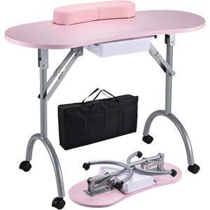 Joligrace Professional Foldable & Portable Manicure Table Nail Technician Desk Workstation 4 Lockable Wheels with Drawer Client Wrist Pad Free Carrying Bag Travel Nail Tech Spa Beauty Table Pink