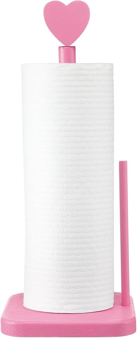 Leinuosen Valentines Day Pink Heart Paper Towel Holder Cute Heart Wooden Paper Towel Holder Pink Bathroom Countertop Accessories Kitchen Roll Stand Organizer Standing Apartment Decor Housewarming Gift