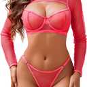 Avidlove Sexy Lingerie Set Rave Outfits For Women Fishnet Long Sleeve Crop Top Sheer Bra and Panty 3 Piece (Small, Neon Pink)